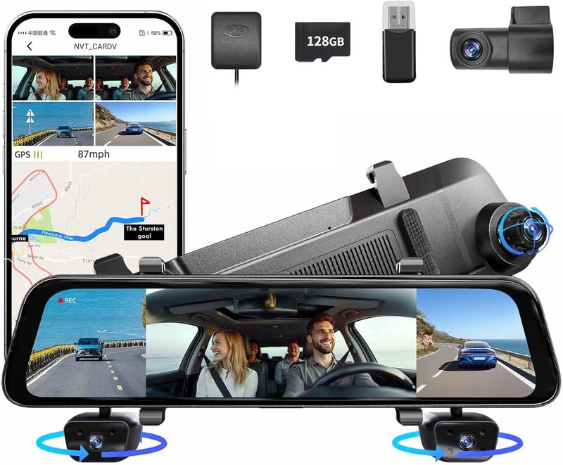 Gloryes 12" Rear View Mirror Camera,4 Channel Mirror Dash Cam Front and Rear Inside,Backup Camera for Cars,5.8GHz WiFi 360 Smart Rearview Camera,APP,GPS,Night Vision Backup Camera, Free 128GB SD Card - Image 1